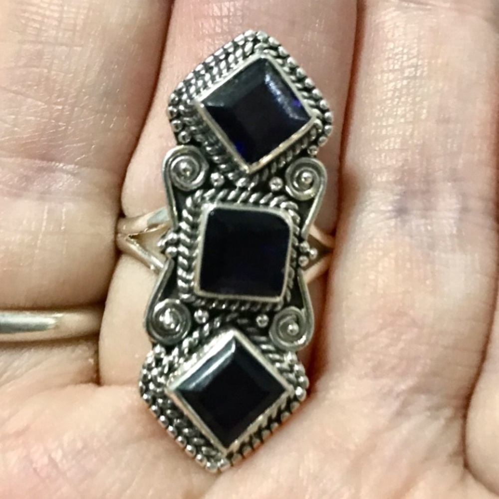 New Sterling Silver Purple Blue Violet Spinel Ring Size Trio Gemstone Crystal
